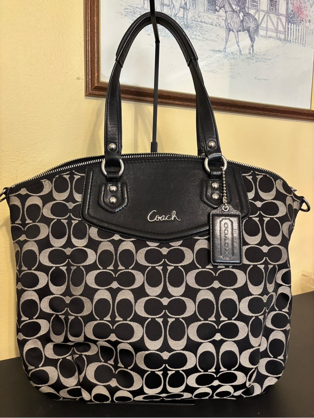Coach Ashley Satchel Womens Black & Gray Signature C Logo Top Zip 2 way bag
